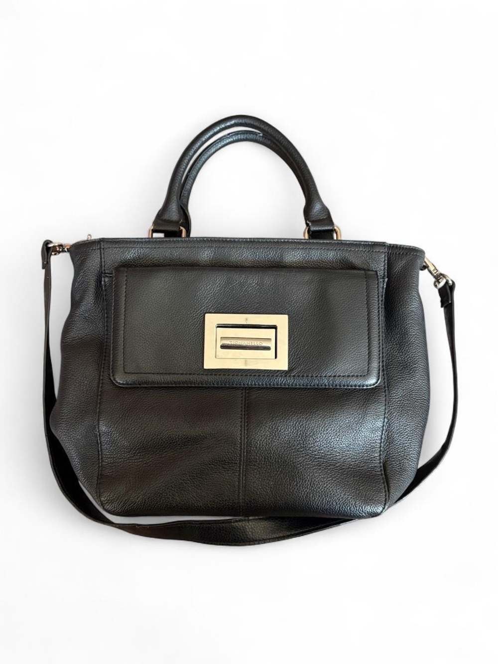 Tignanello Black Genuine Leather Satchel Crossbody Bag // Front Lock Pocket